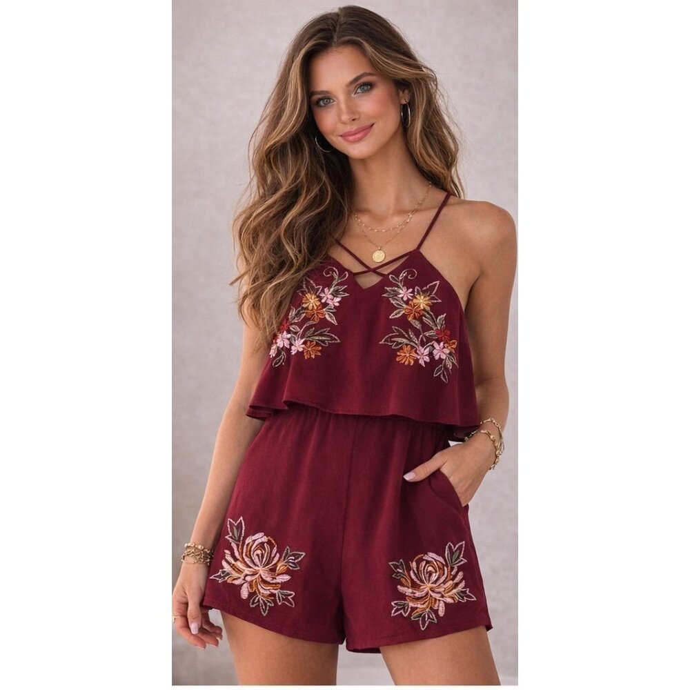She And Sky Burgundy Floral Embroidered Romper Strappy Boho Festival Size L